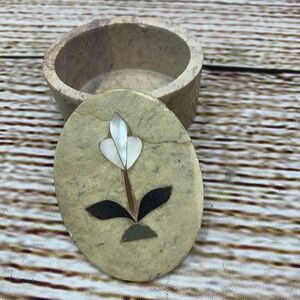 Vintage Soapstone‎ Trinket Jewelry Box Floral Inlay Design, Oval Container